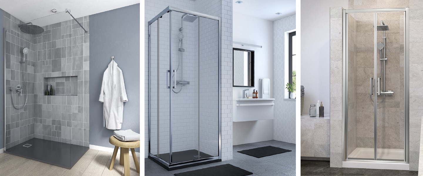 Photo de la collection Connect 2 mise en ambiance montrant 3 installations de douche avec les différentes parois existantes