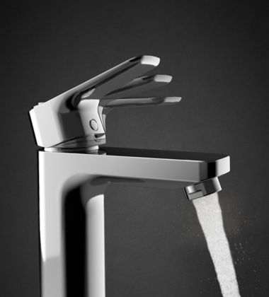 Photo d'une robinetterie en fonction de profil sur fond gris